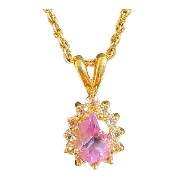 Amethyst and CZ Pendant on Gold Tone Chain - Picture 2 of 4